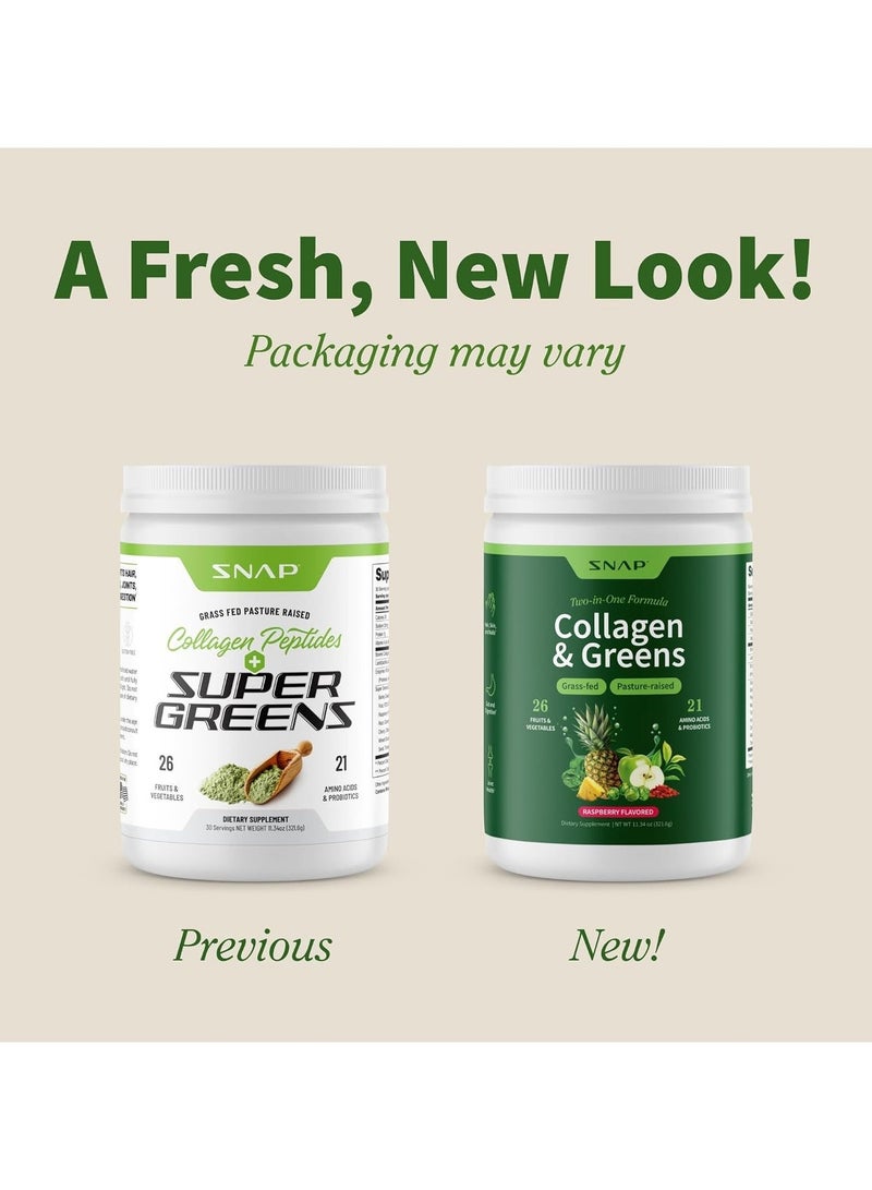 SNAP SUPPLEMENTS Collagen & Greens, Two-in-One Formula, Grass-fed, Pasture-raised, 26 Fruits & Vegetables, 21 Amino Acids & Probiotics, Raspberry Flavored, Dietary Supplement, Nt Wt. 11.34 Oz 321.6g - Image 2
